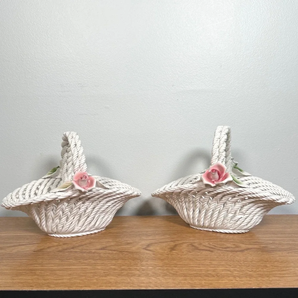Ceramiche Lanzarin Italy Woven Ceramic Basket Pink Roses Hand Made Set of 2